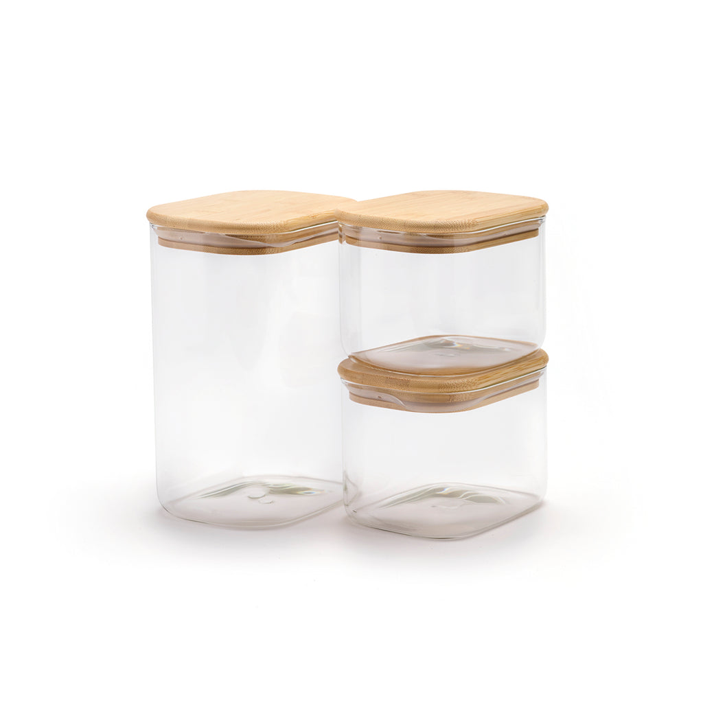 Set of 3 rectangle glass canister with bamboo lid - Transparent / Bamboo