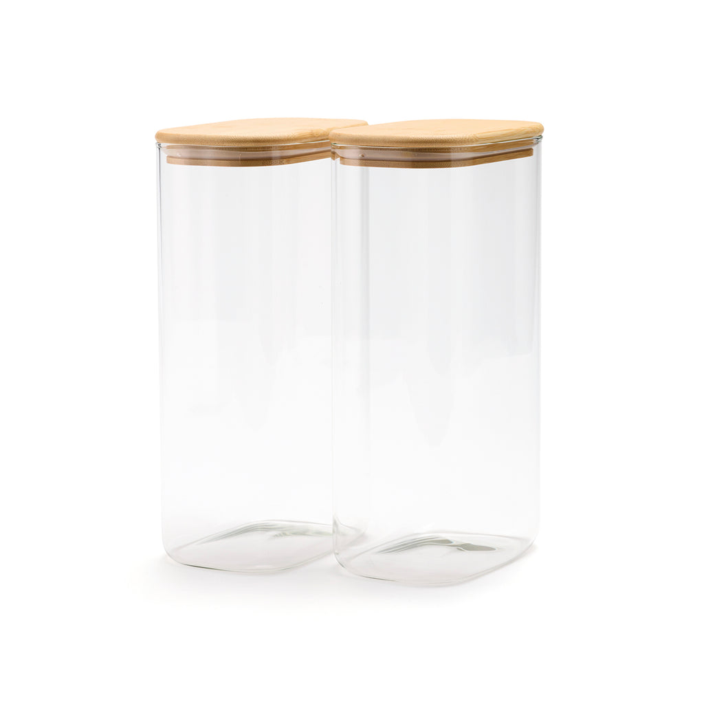 Set of 2 rectangle glass canister with bamboo lid - Transparent / Bamboo